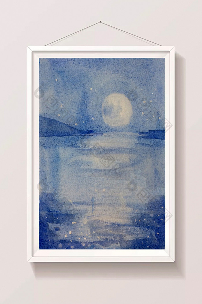 蓝色圆月夏日素材手绘背景风景清新水彩