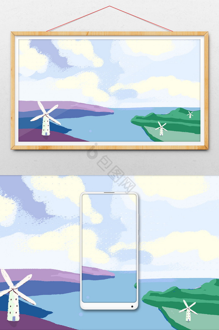 风力发电风车蓝天白云草地山脉图片