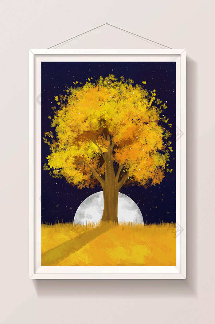 暖色系秋天月光下的树手绘插画背景