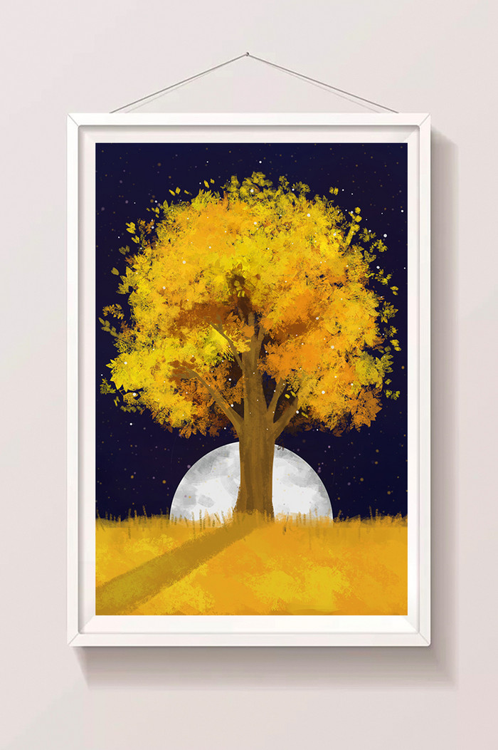 暖色系秋天月光下的树插画图片