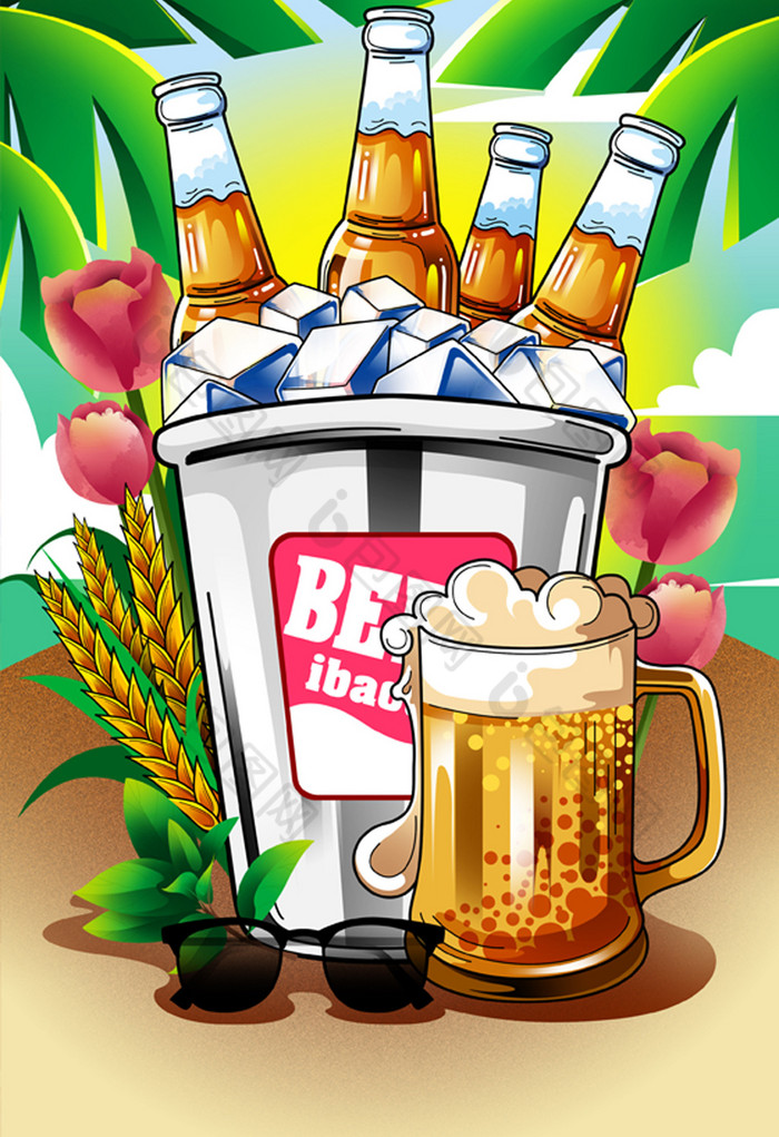 夏天啤酒季凉爽海滩冰镇啤酒插画图片
