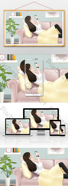 夏季玩手机躺沙发女孩暑期生活插画