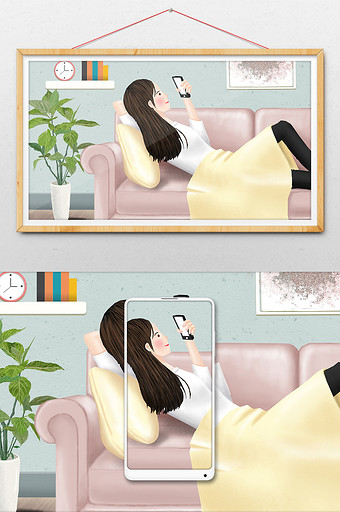 夏季休闲玩手机躺沙发女孩暑期生活插画图片