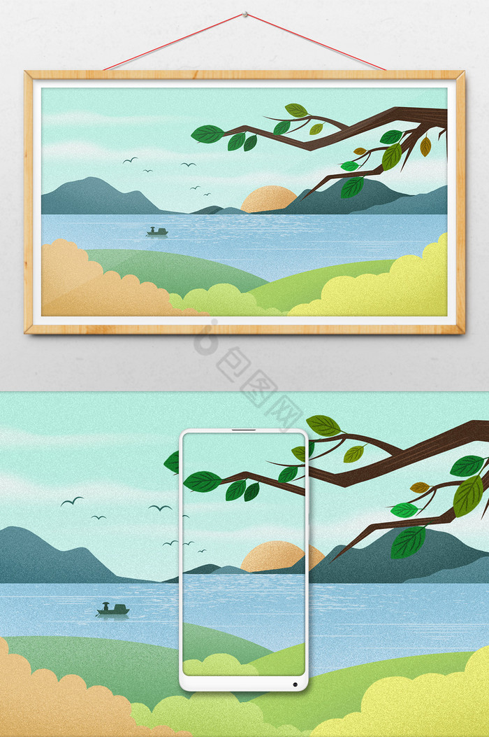 湖水风景插画图片