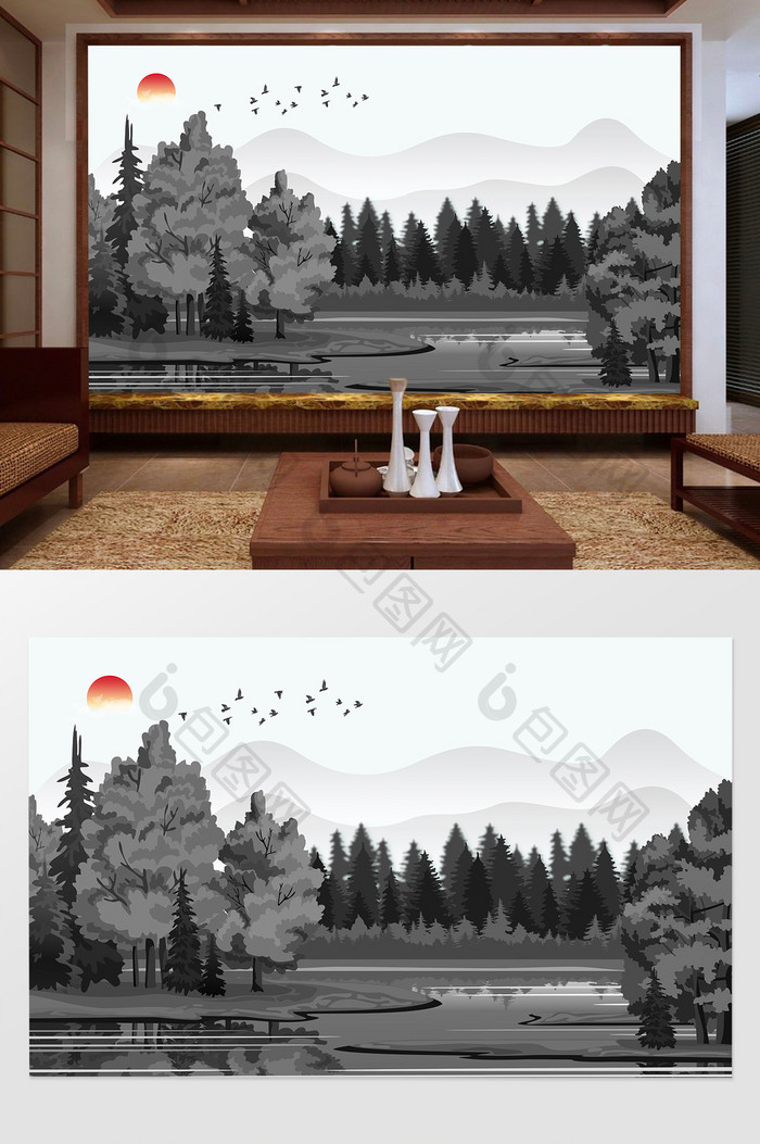 新中式山林风景唯美客厅电视背景墙