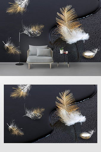 现代大气金色羽毛黑色电视背景墙图片