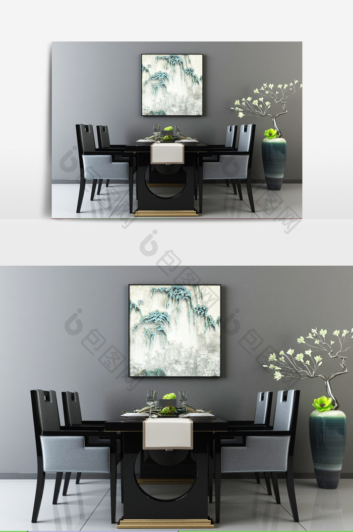 中式灰色布艺实木餐桌