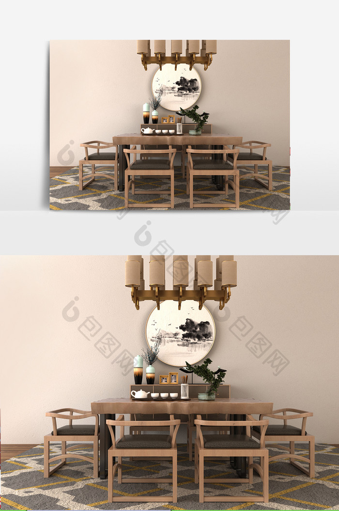 中式实装饰画木餐桌组合