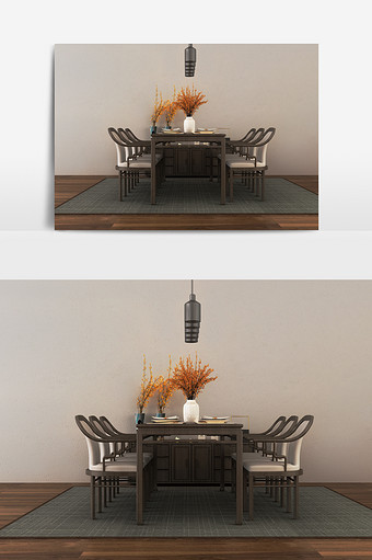 中式实木六人插花餐桌组合图片