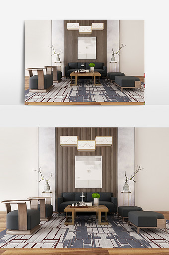中式灰色布艺实木沙发组合图片