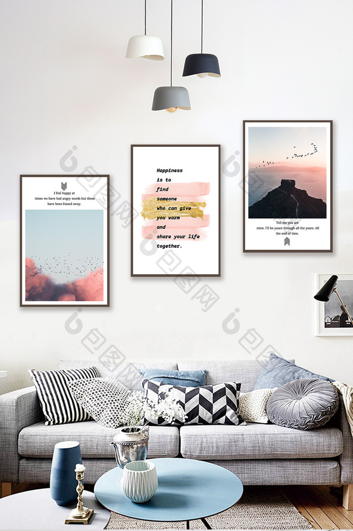 北欧风现代简约风景三联装饰画