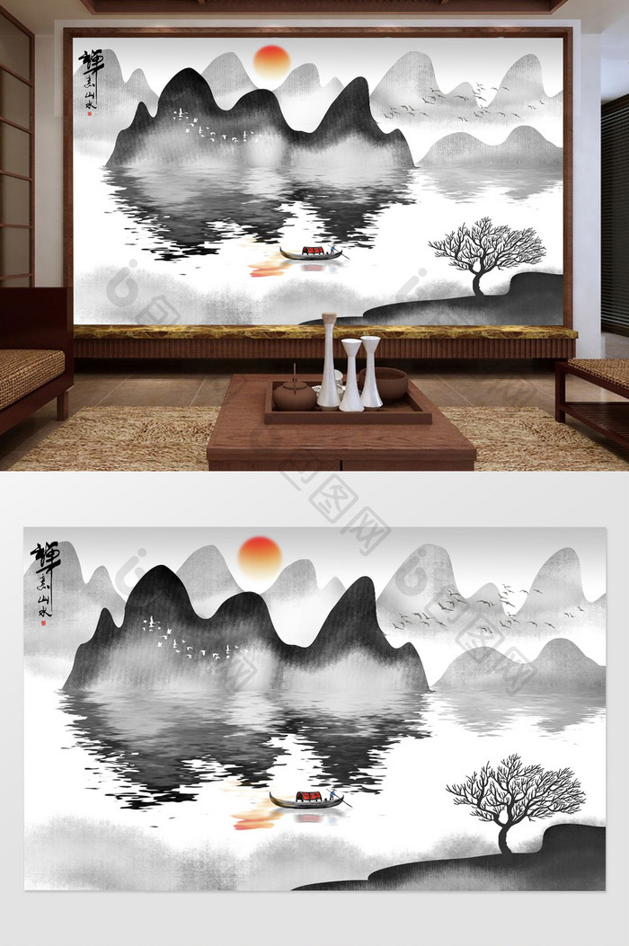 手绘新中式禅意水墨山水画背景壁画