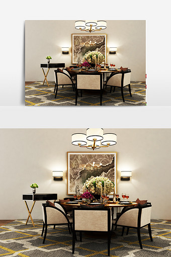 中式六人圆形餐桌组合图片