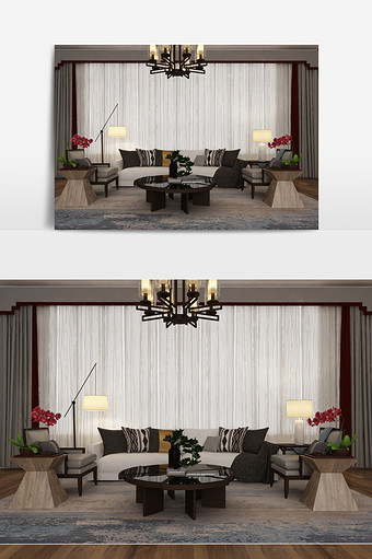混搭中式沙发窗帘组合图片