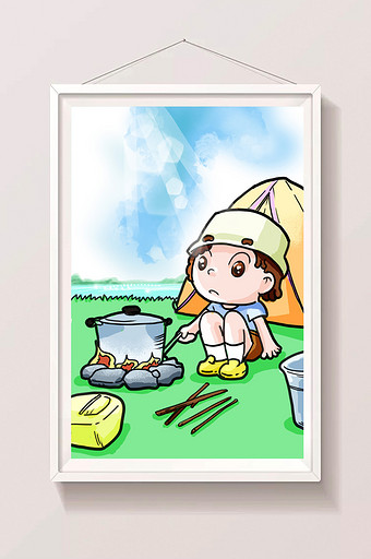 清新卡通暑假户外野炊露营插画图片