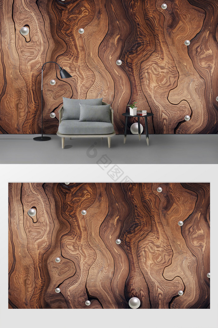 现代简约木质现代风珍珠点缀定制背景墙图片