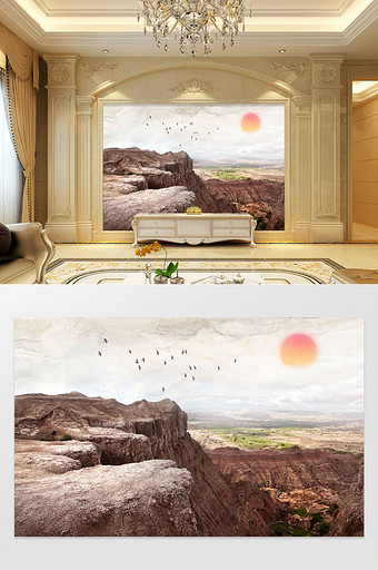 高清大理石纹岩石日出沙发背景墙定制图片