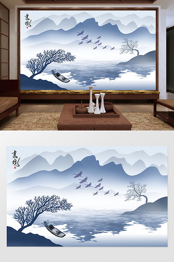 新中式唯美意境水墨山水画背景墙图片