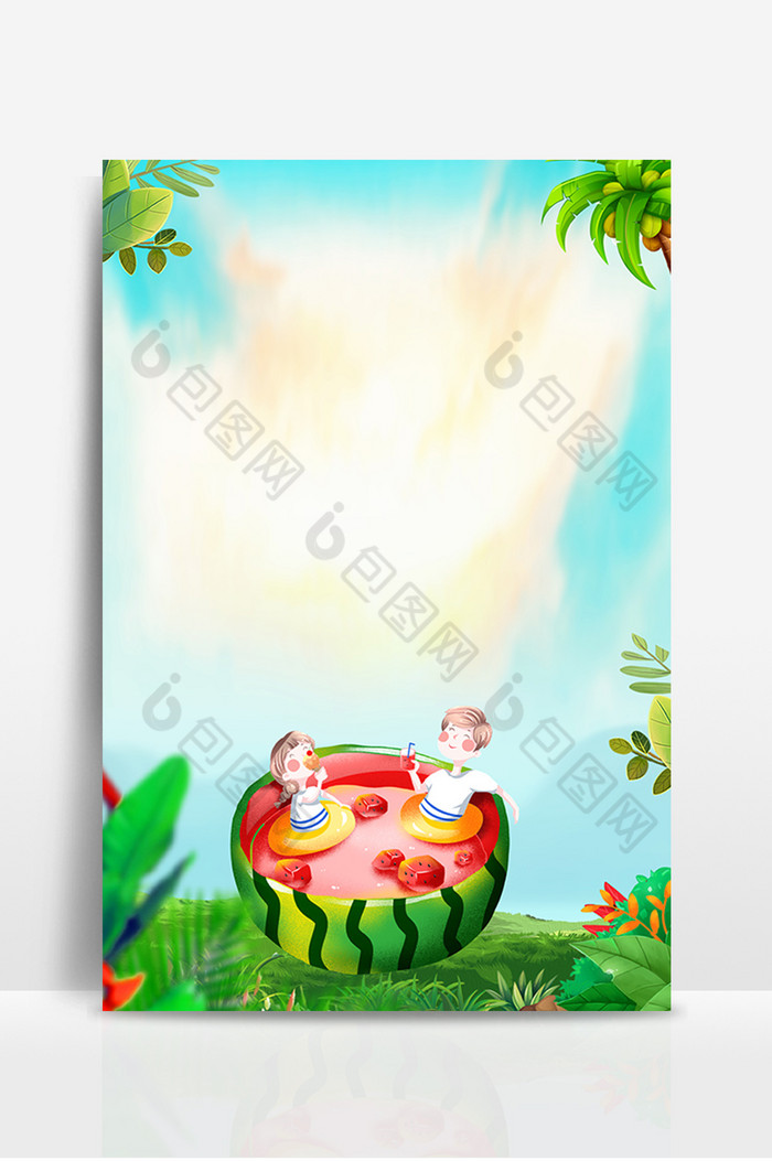 大树自然夏日创意西瓜上的小孩广告设计背景图图片