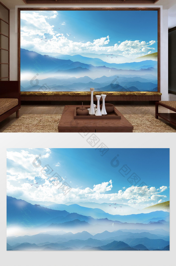创意蓝天山水电视背景墙图片图片