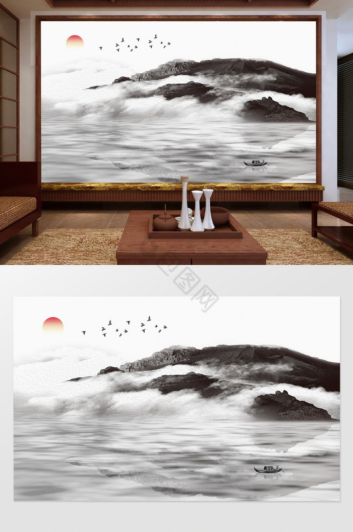 新中式山水意境画电视背景墙图片