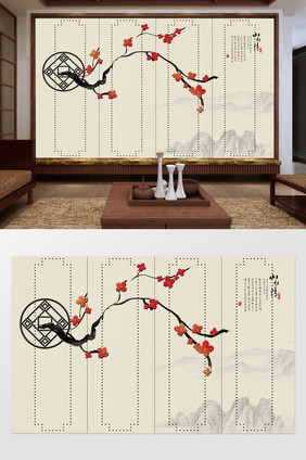 禅意新中式梅花创意硬包铜锭电视背景墙