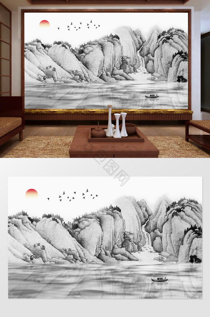 新中式水墨意境山水风景电视背景墙图片