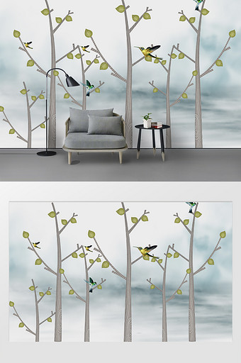 简约现代风树木小鸟背景墙图片
