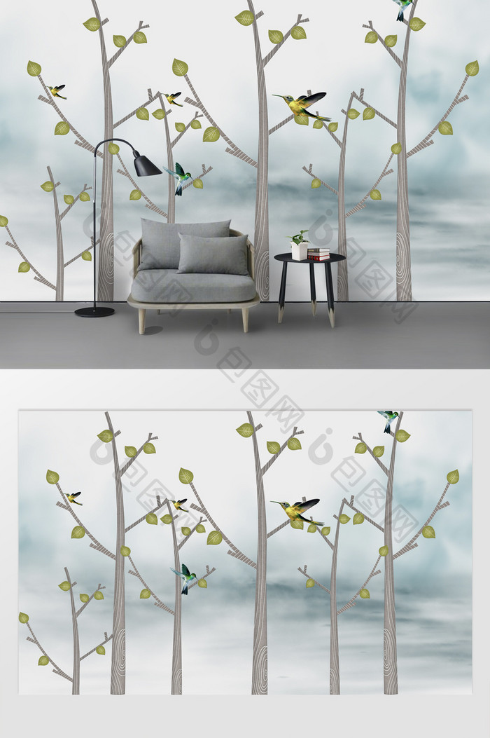 简约现代风树木小鸟背景墙