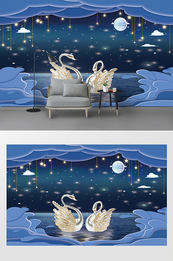 现代风格天鹅  月亮 星空 电视沙发背景图片