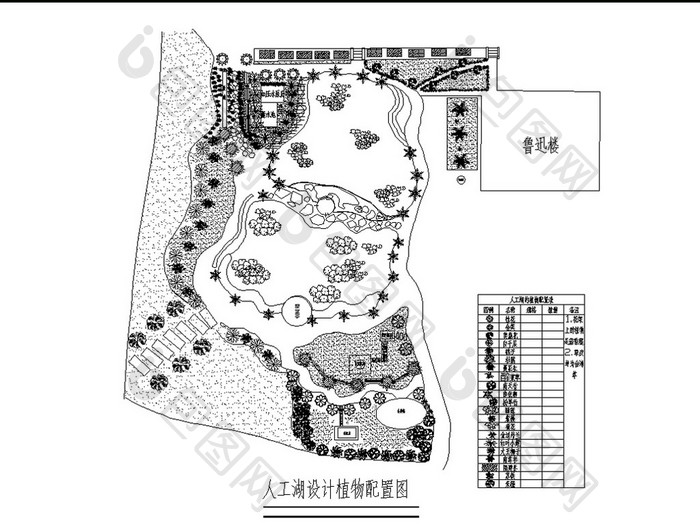 校园人工湖景观设计施工图CAD