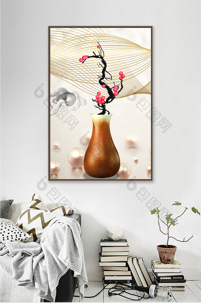 新中式花瓶小红花装饰画