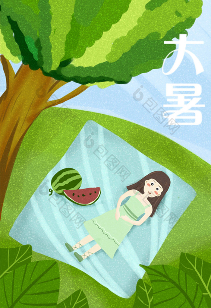绿色季节节日大暑乘凉插画