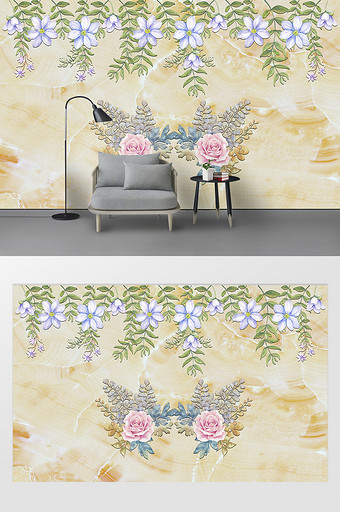 现代简约手绘花朵树叶电视背景墙图片