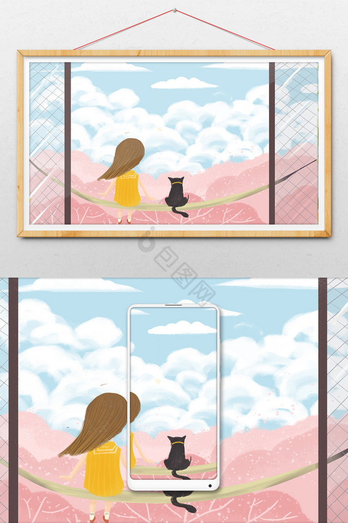 阳台风景女孩和猫儿童治愈插画图片