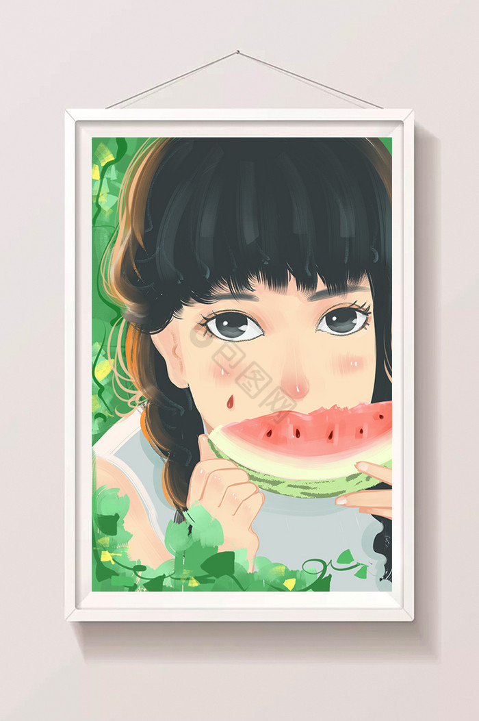 田园夏天女孩吃瓜板绘插画图片