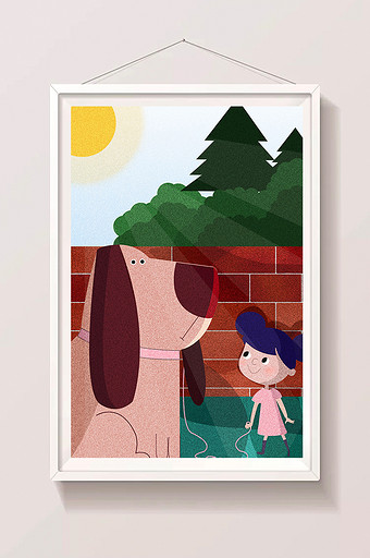 彩色卡通夏季女孩与狗狗插画图片