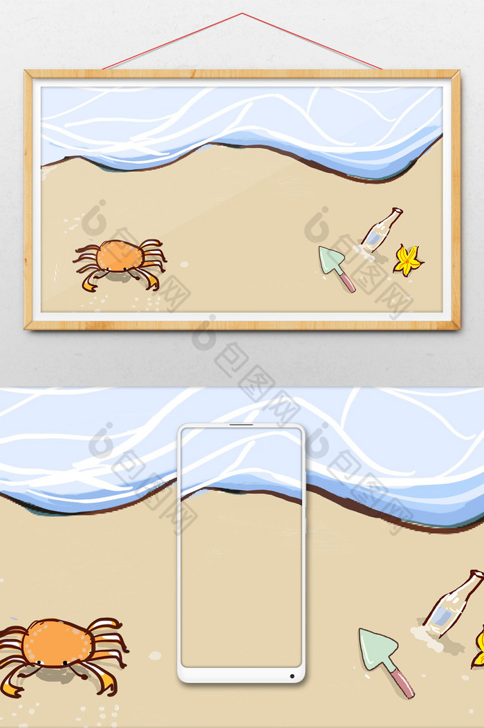 夏日螃蟹贝壳躺在海边浪花