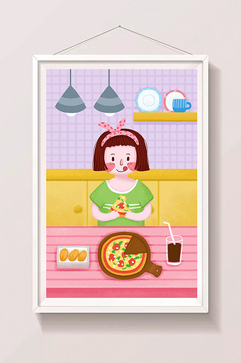 小清新女孩吃披萨炸鸡美食插画图片