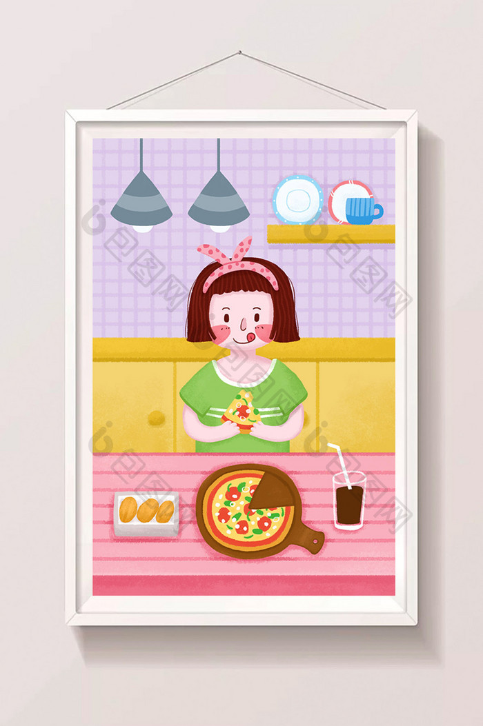 小清新女孩吃披萨炸鸡美食插画