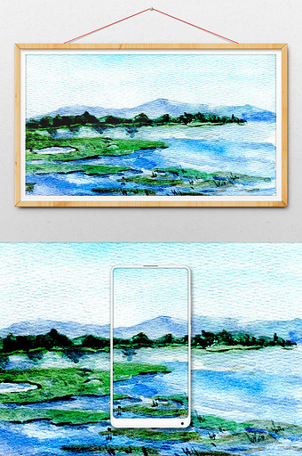 蓝色湿地大河夏日素材风景清新水彩手绘背景图片