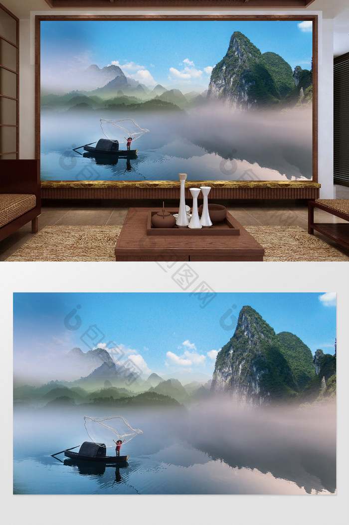 创意新中式山水背景电视背景墙