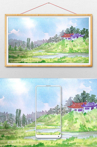 蓝色房屋夏日素材风景清新水彩手绘背景图片