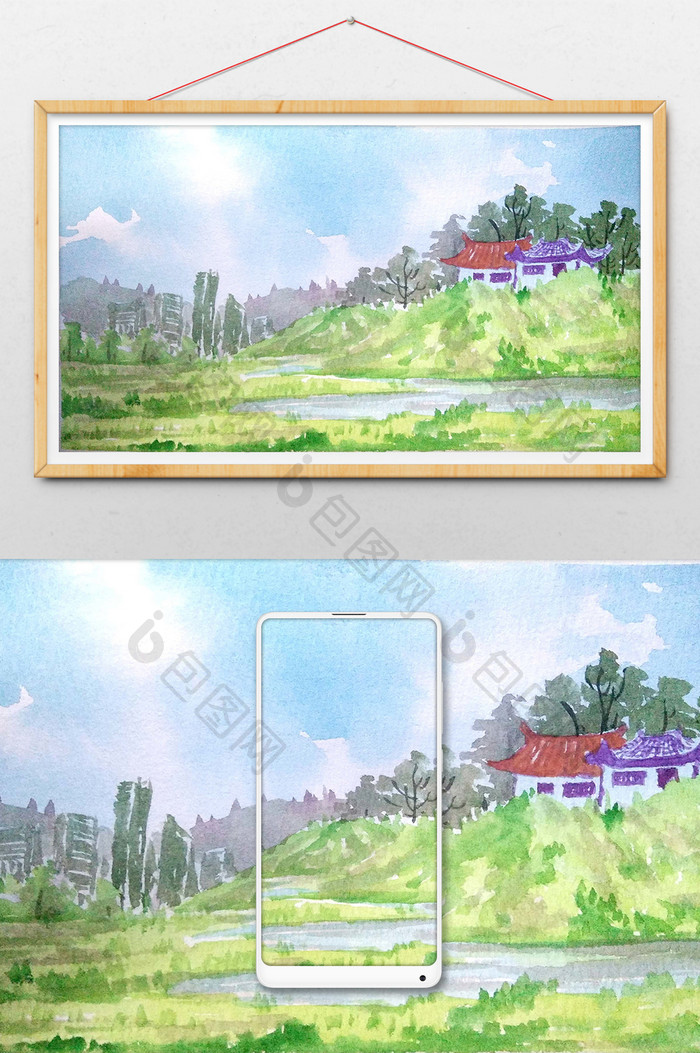 蓝色房屋夏日素材风景清新水彩手绘背景