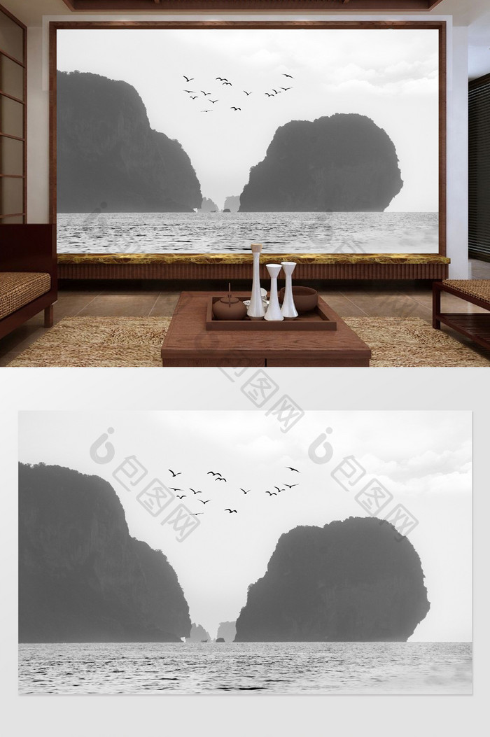 新中式水墨山水背景墙装饰定制