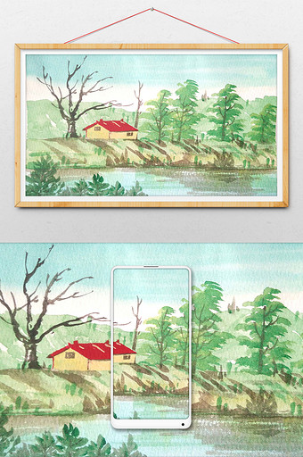 蓝色房屋夏日素材风景清新水彩手绘图片
