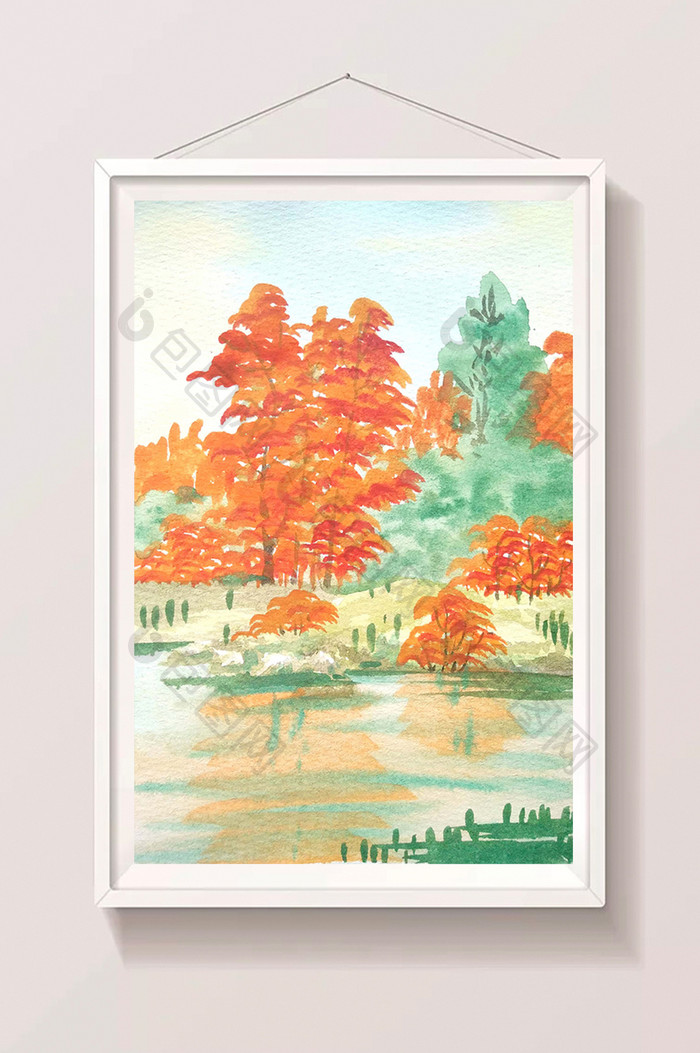蓝色秋季夏日素材风景清新水彩手绘背景