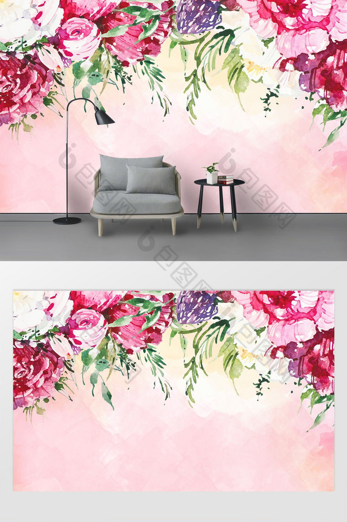 现代简约唯美粉色花卉电视背景墙