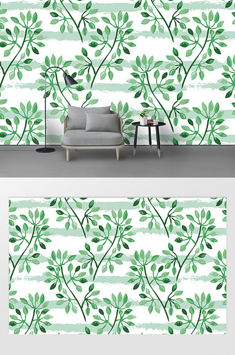 现代简约水彩手绘绿色叶子植物电视背景墙图片