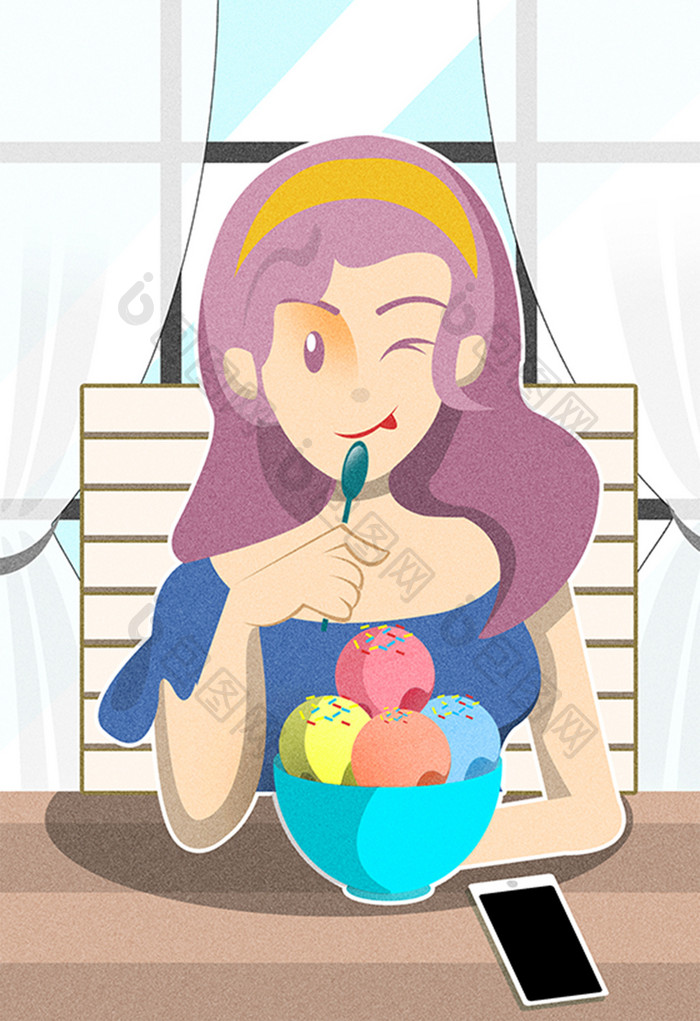 暑假生活吃冰激淋的小女孩